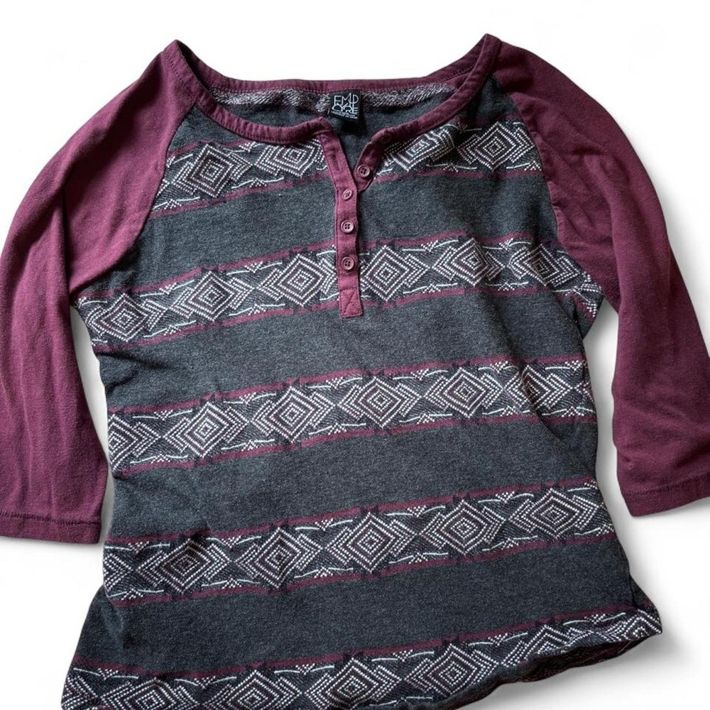 Empyre Mens Aztec Pattern Henley Baseball Tee Charcoal Burgundy Large - Picture 2 of 7